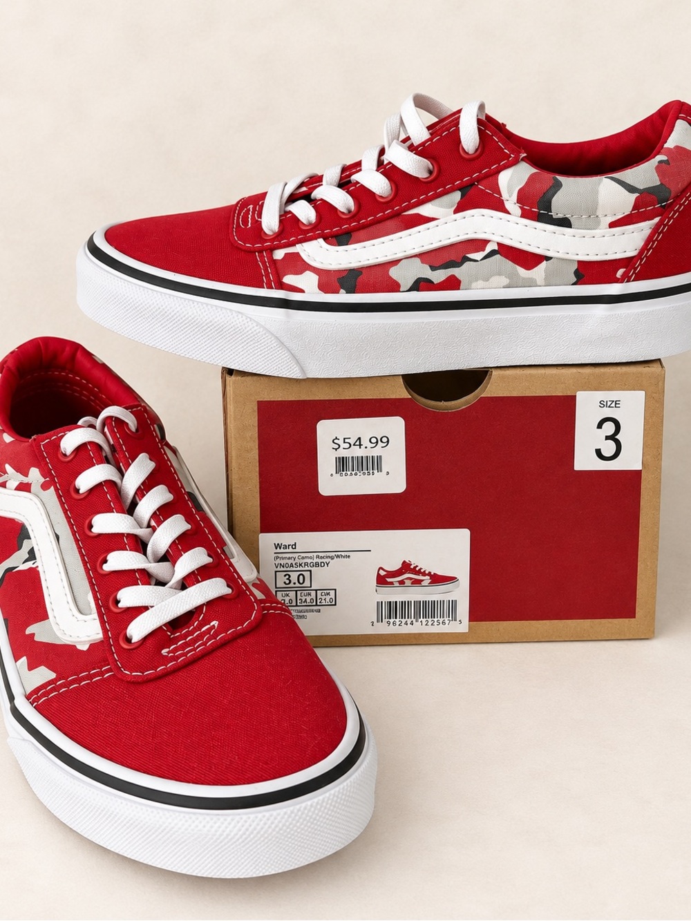 Youth Vans Ward Runners - Red Vans Sneakers with Camo print - Size 3 / Old Skool